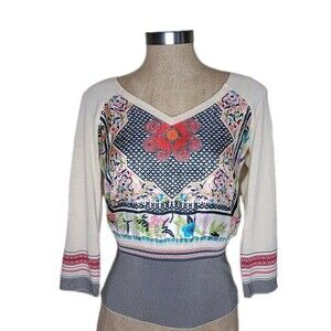 Etro Milano Sweater Womens 42 Sz S Cream Knit and Silk Panel Lightweight